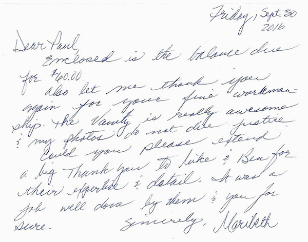 Testimonial for Behnke Woodworking received September 30, 2016
