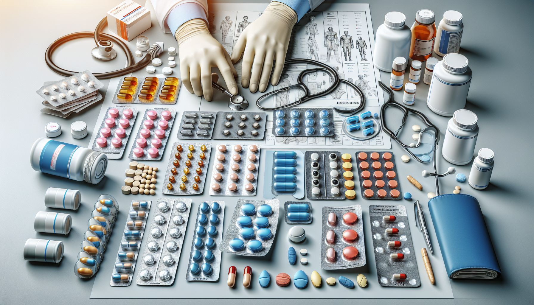 Assortment of ED pills and blister packs on a doctor’s desk, symbolizing treatment options